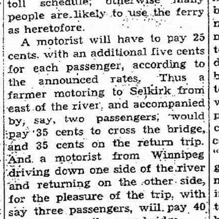 Selkirk Bridge Tolls, 1936, Winnipeg Free Press Newspaper article titled Selkirk bridge tolls