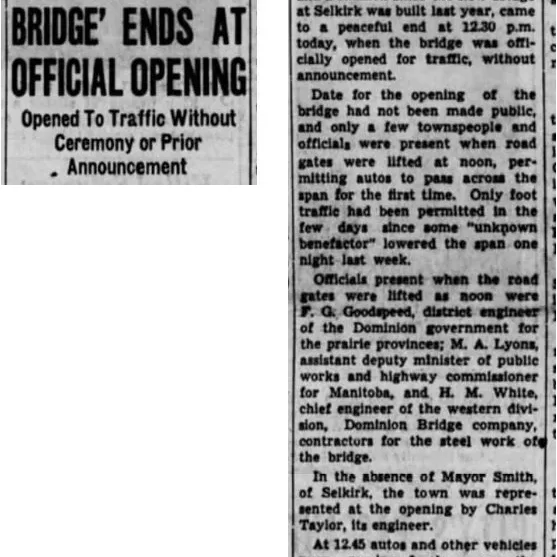 'War of Selkirk Bridge' Ends at Official Opening, 1937, Winnipeg Tribune Newspaper article titled war of Selkirk bridge ends at official reopening
