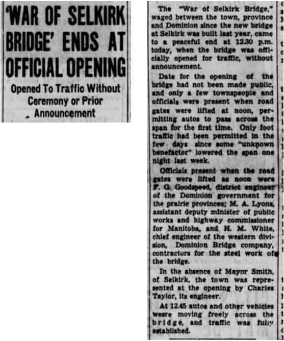 The war over who will own the Selkirk Bridge ends at the official opening of the bridge.