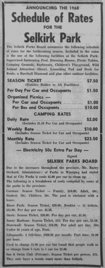 A Schedule of Park Rates. Rates that people are charged for park passes, parking and other charges around Selkirk Park.
