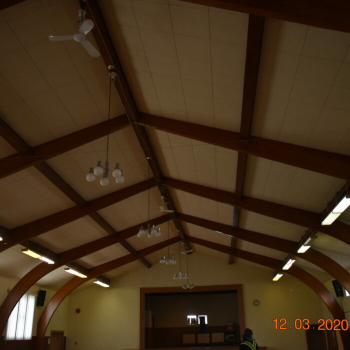 Colour photo of the beams on the ceiling of the Memorial Hall
