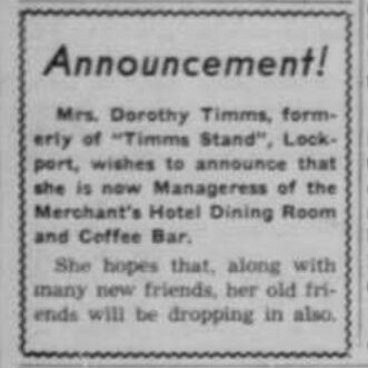 Miss Dorothy Timms takes over Merchant Hotel Coffee Shop, 1953, Selkirk Enterprise Newspaper ad/ clipping about the ownership of Timms coffee shop changing