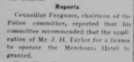 Newspaper clipping about J.H. Taylor getting approval from the City to operate on the Merchant hotel for renovations