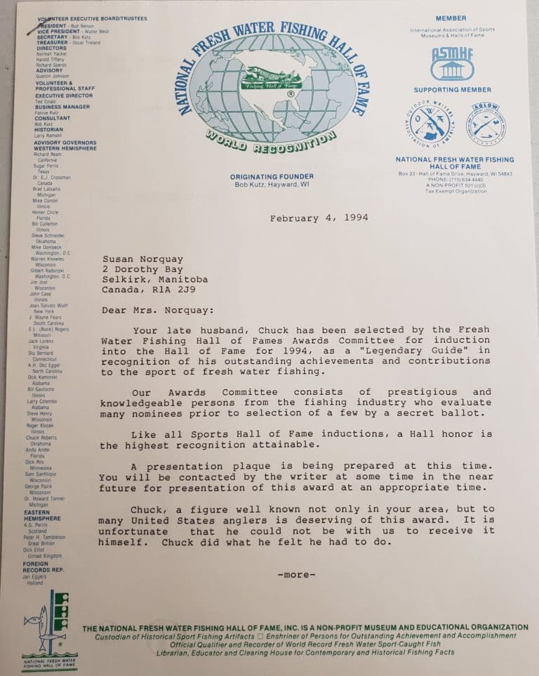 National Fresh Water Fishing Hall of Fame Induction Letter, 1994