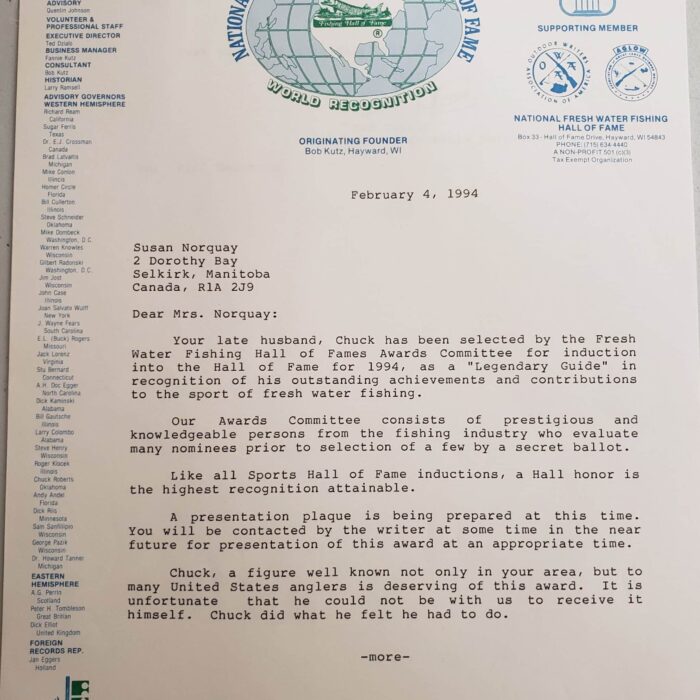 Hall of fame acceptance letter for Chuck