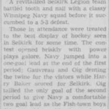 Winnipeg Navy Takes Selkirk Legion 5-3 in hockey
