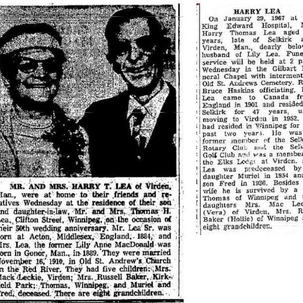 Bowling in Selkirk November 17, 1960 Winnipeg Free Press Obituary of former bowling lane owner Harry T. Lea and a separate story about Harry T. Lea and his wife's wedding anniversary