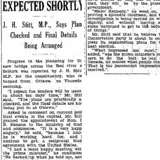 Tenders for New Selkirk Bridge Expected Shortly, 1934, Winnipeg Free Press Newspaper article from Winnipeg free press titled tenders for new Selkirk bridge expected shortly