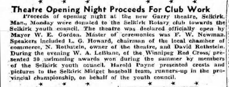 Newspaper article on the Garry Theatre opening night!.