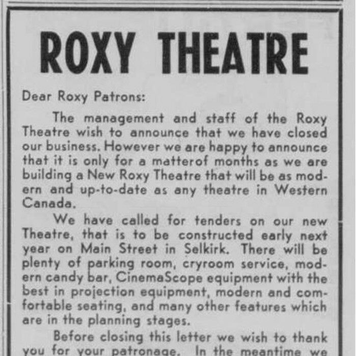 Letter of attention for Roxy theatre patrons announcing the closing of the business