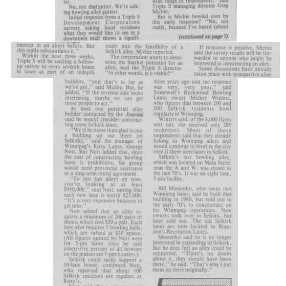 Selkirk Residents Pin Hopes on Bowling Alley, 1985, Selkirk Journal Newspaper article on how Selkirk residents hope that a bowling alley will come to town