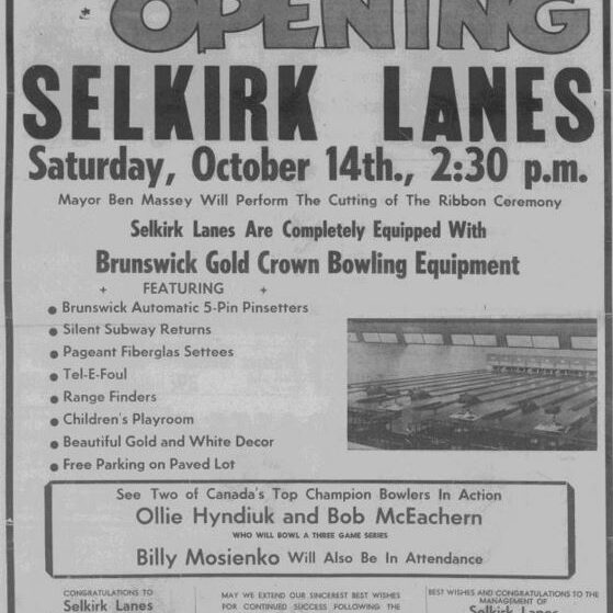 Grand Opening Selkirk Lanes, 1961, Selkirk Enterprise Newspaper article for bowling in Selkirk Opening