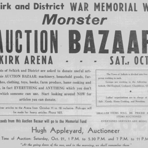 Newspaper advertisement. for a Monster Auction being held within Memorial Hall