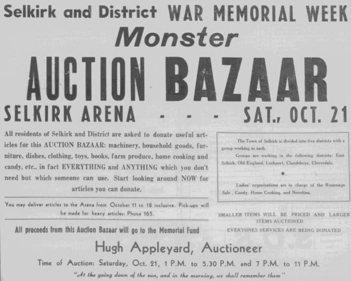 Newspaper advertisement. for a Monster Auction being held within Memorial Hall