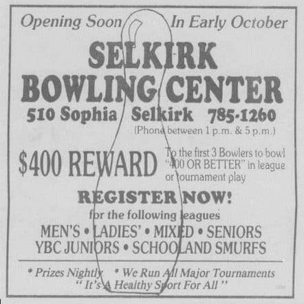 Opening Soon Selkirk Bowling Centre, 1987, Selkirk Journal Newspaper advertisement for Bowling in Selkirk