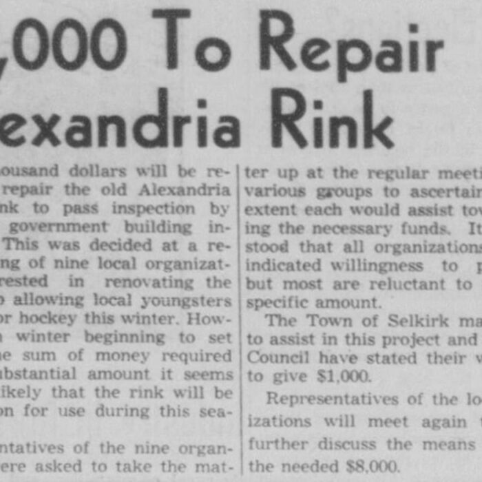 $8000 To Repair Alexandria Rink, 1952, Selkirk Enterprise Newspaper add to repair Alexandria Rink