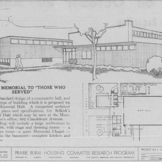 Blue prints depicting what Memorial Hall will look like and a description about Memorial Hall.