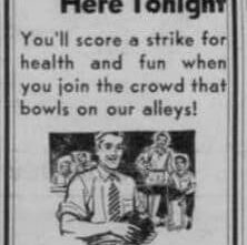 Join the Crowd Here Tonight, 1955, Selkirk Enterprise Newspaper advertisement for Victory Bowling Alleys