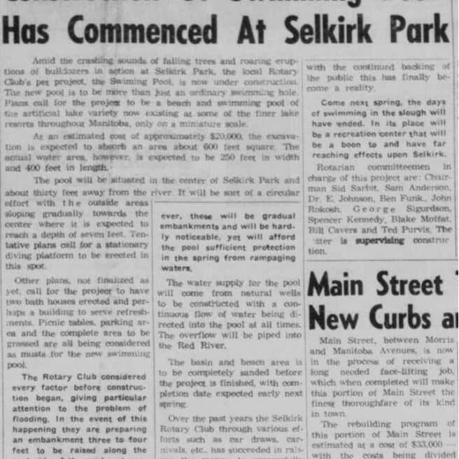 Construction of Swimming Pool Has Commenced At Selkirk Park, 1957, Selkirk Enterprise Newspaper article about the construction underway on Rotary Lake.