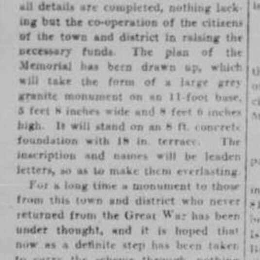 Newspaper article about securing funds for the memorial