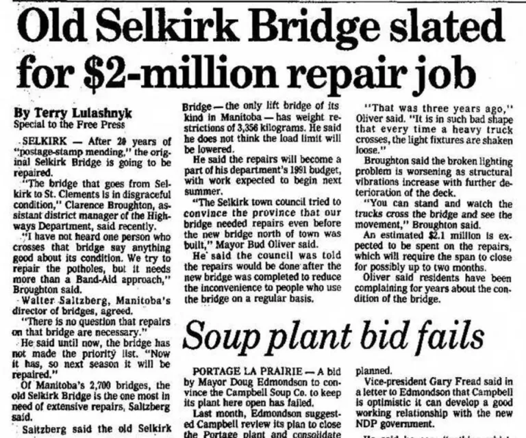 Old Selkirk Bridge Slated for $2-Million Repair Job, 1990, Winnipeg Free Press