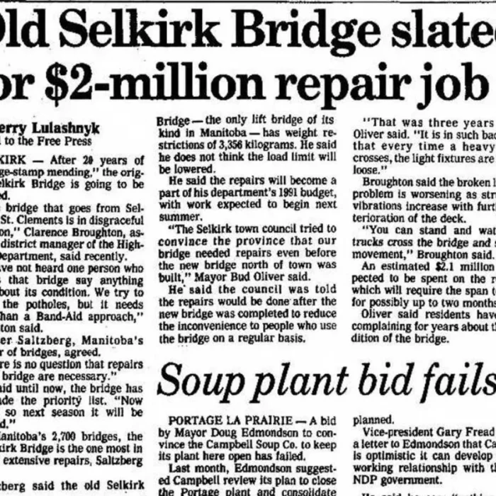Old Selkirk Bridge Slated for $2-Million Repair Job, 1990, Winnipeg Free Press Newspaper article titled old selkirk bridge slated for 2 million dollar repair job