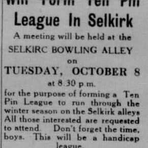 Will Form Ten Pin League In Selkirk, 1929, Selkirk Weekly Record Newspaper article for a ten pin bowling league in Selkirk