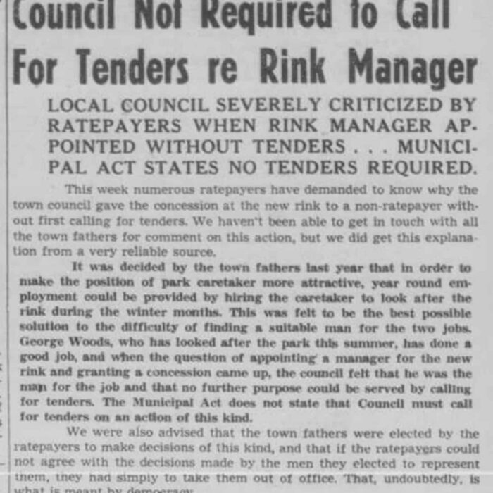 Council Not Required to Call For Tenders re Rink Manager, 1949, Selkirk Enterprise No tenders acquired for Selkirk rink