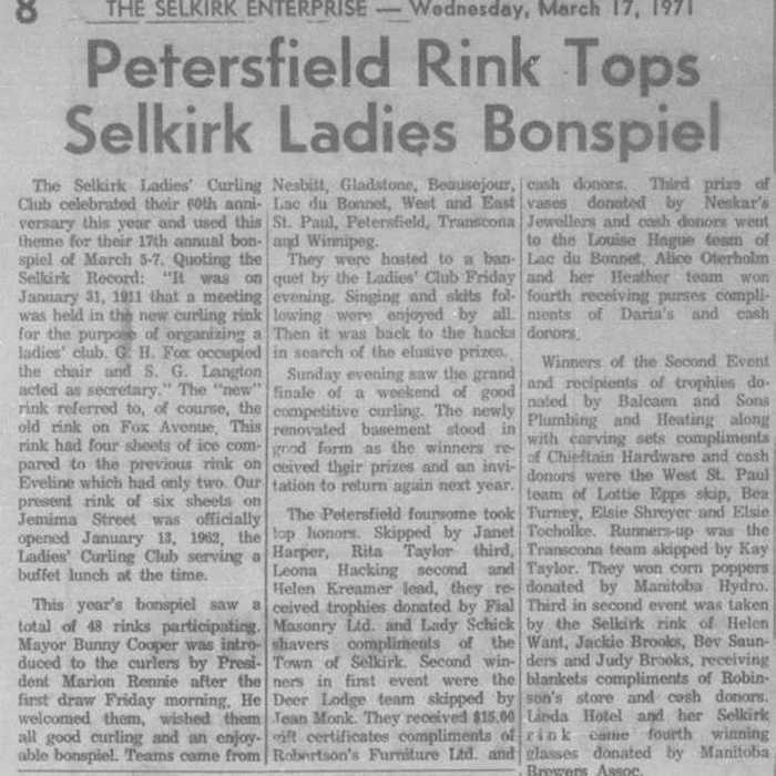 Petersfield Rink Tops Selkirk Ladies Bonspiel