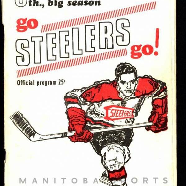 Go Steelers Go. A man skates forward in the bottom right of the image. He is wearing a red and white jersey, red gloves, and is holding a stick