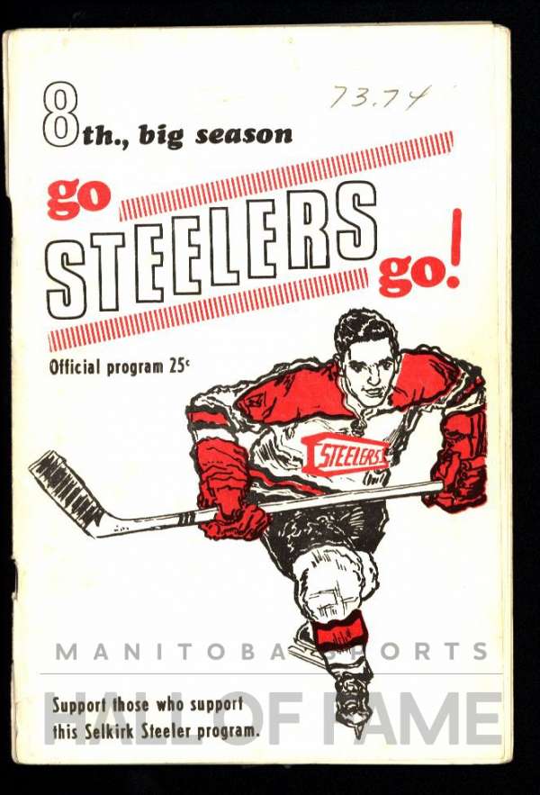 Go Steelers Go. A man skates forward in the bottom right of the image. He is wearing a red and white jersey, red gloves, and is holding a stick