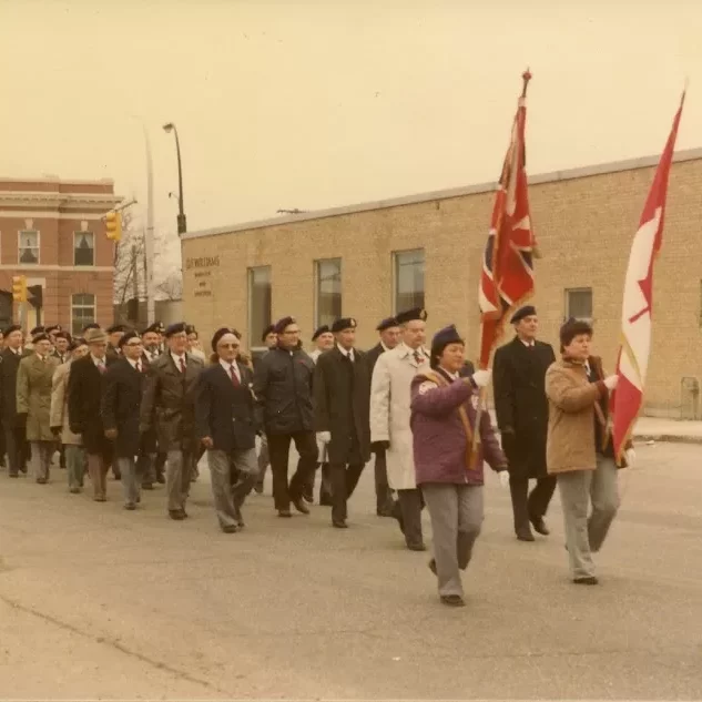 Remembrance Day Parade Dad Jock Langlois with his Proud Smile, Date Unknown, Jock Langlois Remembrance day march with the Langois men