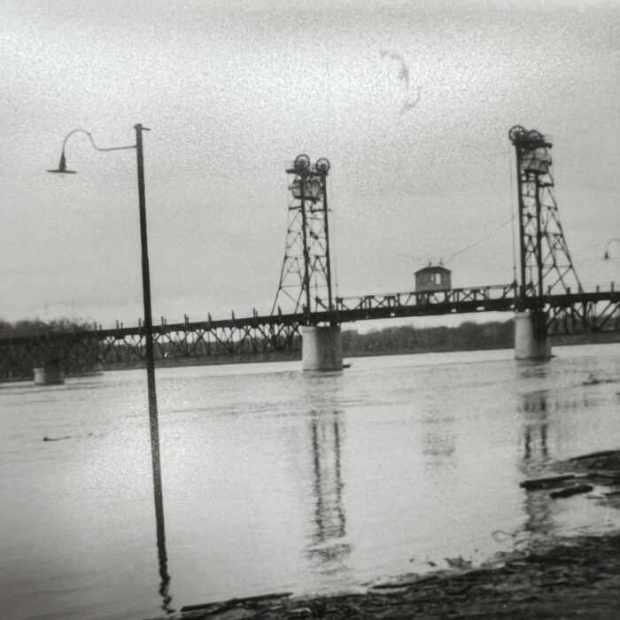 River and Lift Bridge, Date Unknown, Selkirk Museum Collection black and white photo of the lift bridges side view
