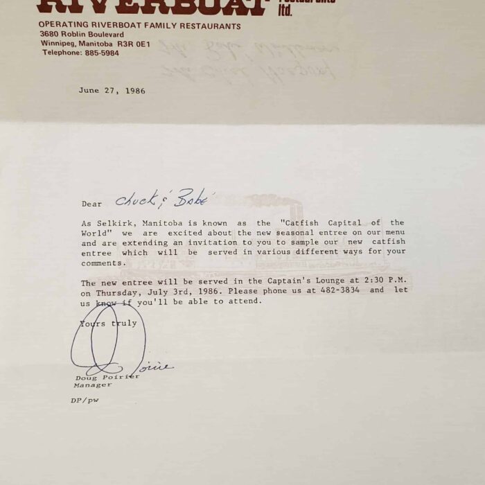 Letter typed to Chuck and Babe from Riverboat restaurant