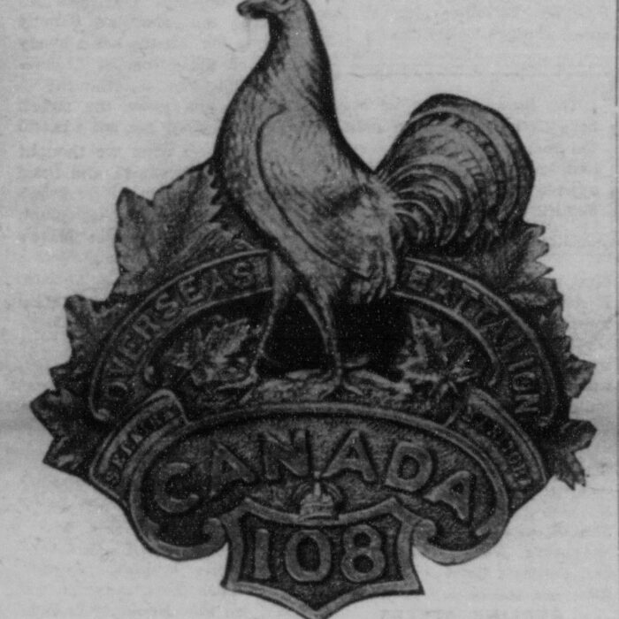 Selkirk Badge of 108th, 1957, Selkirk Enterprise Ink drawing of the 108th Battalion crest. A cockerel and the text 'overseas battalion, Selkirk Manitoba Canada, 108'