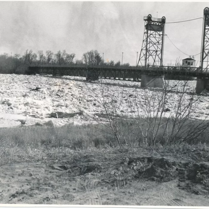 Selkirk Bridge in the Winter, 1936, Fraser Stewart Black and white side view of the Selkirk bridge in 1936