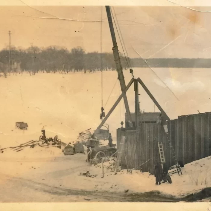 Selkirk Bridge Beginning, 1935, Alf Barnett Black and white damaged photo of the Selkirk bridge beginning to be built