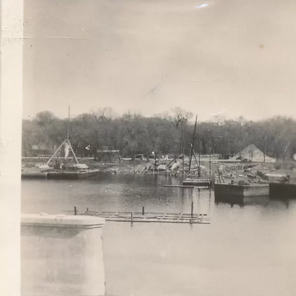 Selkirk Bridge Piers, 1935, Fraser Stewart Black and white picture of the Selkirk bridge piers in 1935