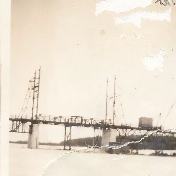 Selkirk Bridge Spring, 1936, Fraser Stewart Black and white damaged picture of the Selkirk bridge almost finished in 1936