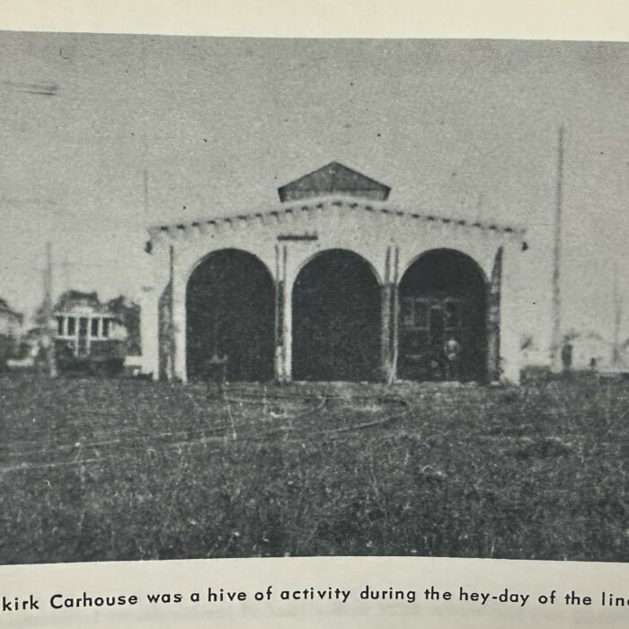 Black and white photo of the Selkirk carhouse. Underneath the photo is text reading " Selkirk Carhouse was a hive of activity during the hey-day of the line".