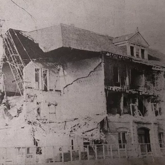 The Old Main Building at the SMHC is Torn Down, 1978, Selkirk Enterprise Centennial Edition Black and white view of a damaged main building before being torn down