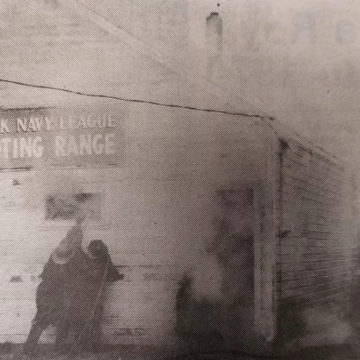 Fire at the Shooting Range, 1969, Selkirk Enterprise Centennial Edition Grainy side view of the fire in the shooting range building in 1969