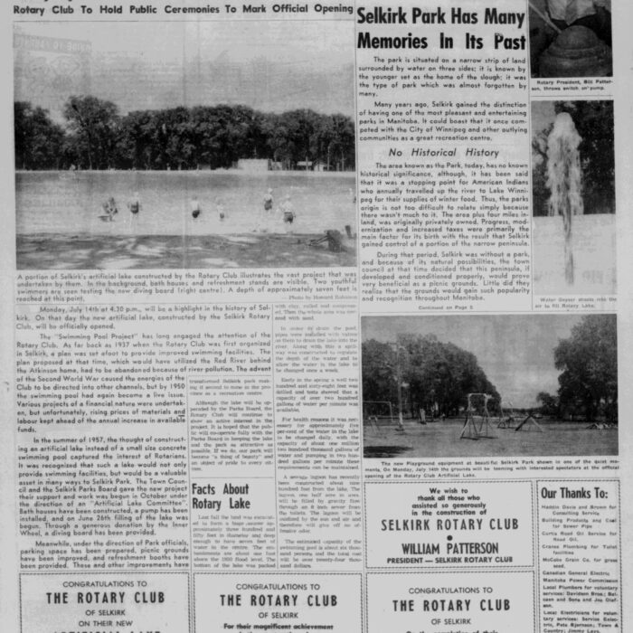 Artificial Lake In Selkirk Park To Be Opened Officially July 14, 1958, Selkirk Enterprise Original Rotary Lake opening day advertisement.