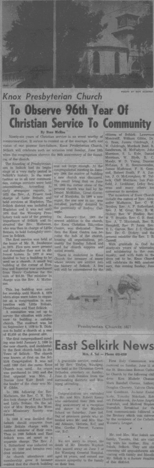 Newspaper Article on Knox Presbyterian Church