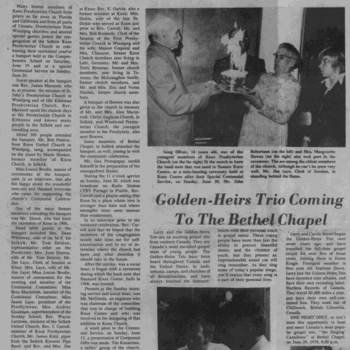 Newspaper article on Knox Presbyterian Church