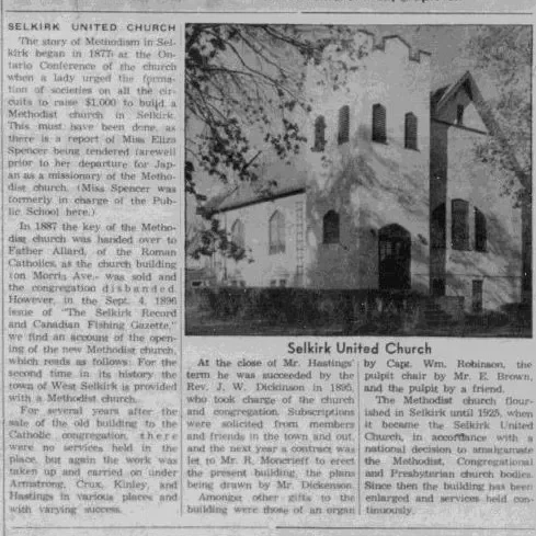 Newspaper article titled Selkirk united church