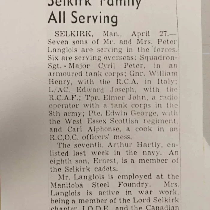 Selkirk Family All Serving, 1944, The Winnipeg Evening Tribune Newspaper article titled Selkirk Family All Serving