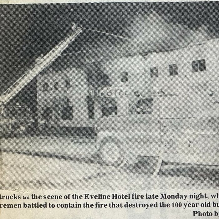 Selkirk Fire Trucks at Eveline Hotel Fire, 1970, Ron Scherza Black and white newspaper photo of the Eveline hotel's fire being put out