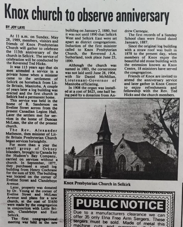 Newspaper article on Knox Presbyterian Churh