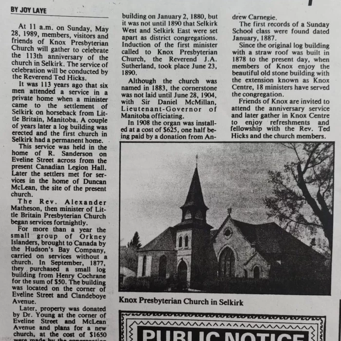Newspaper article on Knox Presbyterian Churh